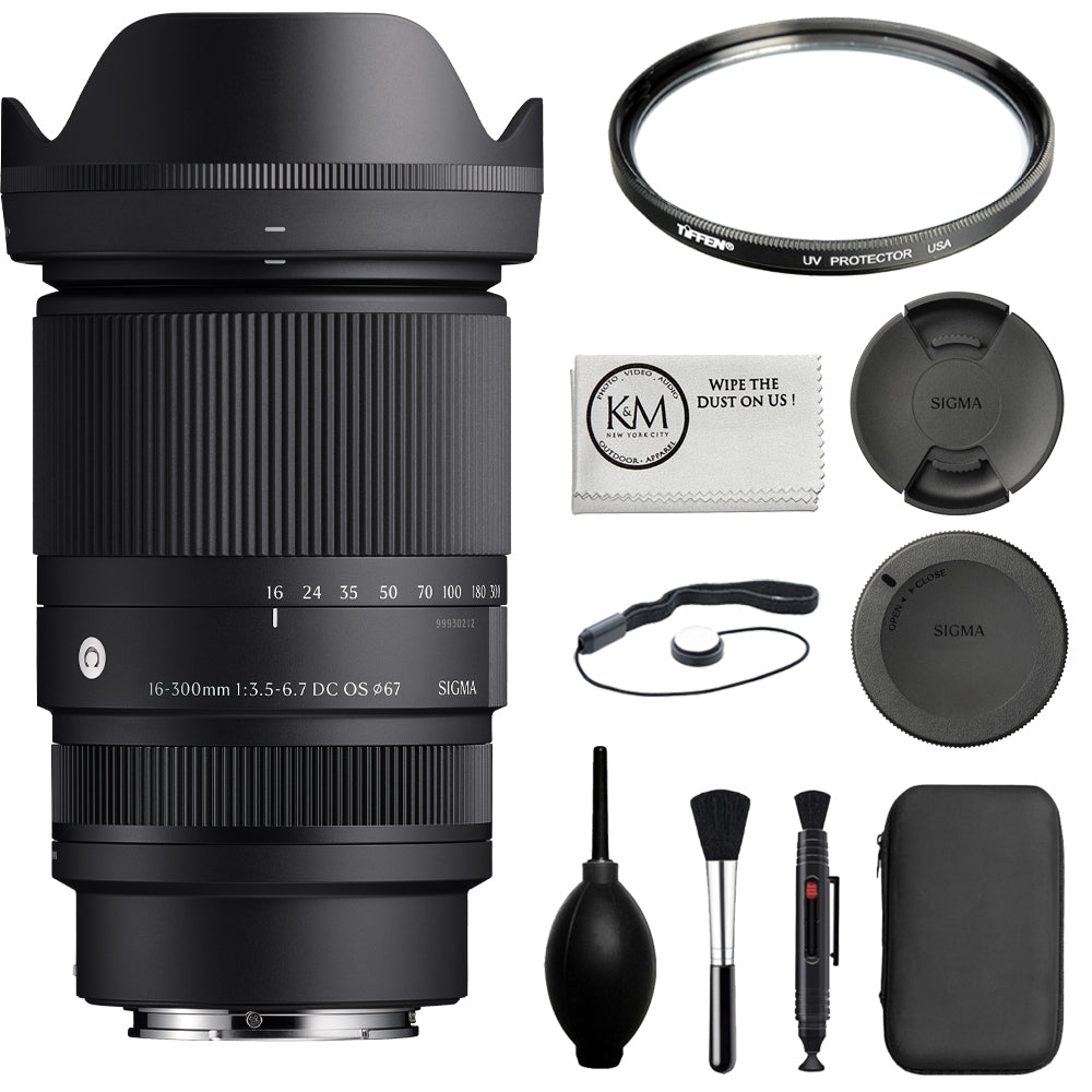 Sigma 16-300mm f/3.5-6.7 DC OS Contemporary Lens (E Mount) Bundle with UV Filter + Cleaning Kit + Microfiber Cloth (4 Items)