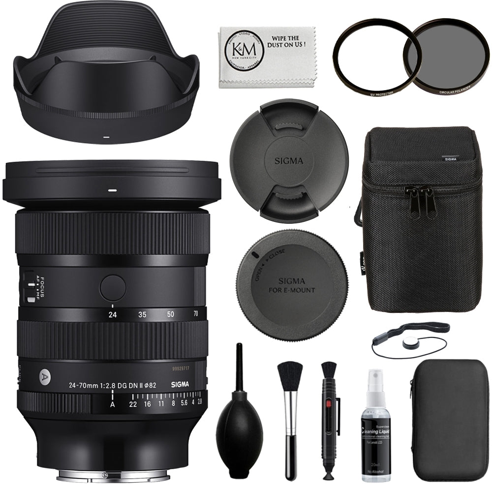 Sigma 24-70mm f/2.8 DG DN II Art Lens for Sony E-Mount Bundle with Tiffen 82mm Twin Filter Kit (UV & CPL) with Pouch + Deluxe Cleaning Kit - Dust Blower, Brush, Lens Pen, Cap Keeper + Microfiber Cloth