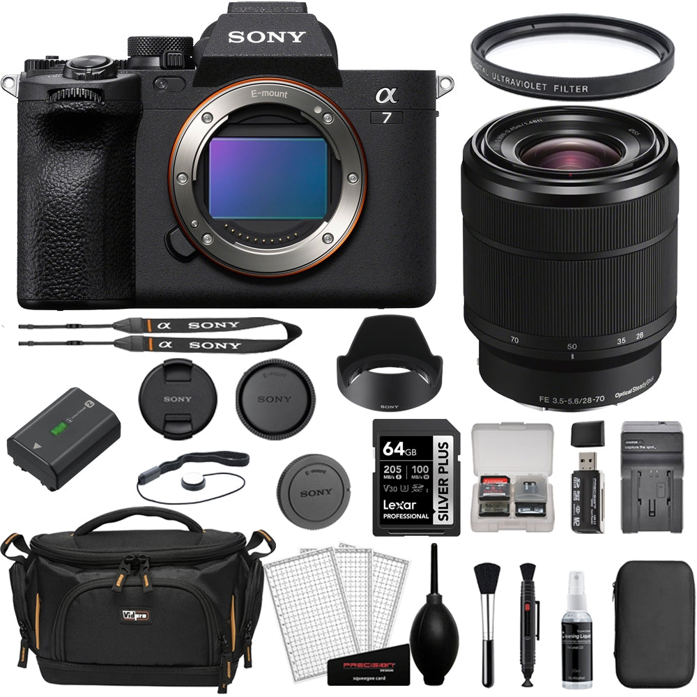 Sony Alpha a7 IV Mirrorless Camera |28-70mm Lens Bundle with 64GB Memory Card + 55mm Filter + Cap Keeper + Case + Cleaning Kit + SD Card Case + SD Reader + Cloth + Charger (11 Items)