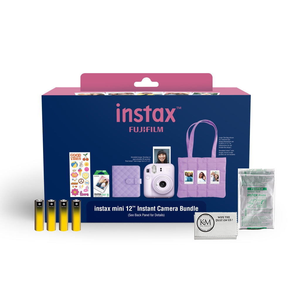 FUJIFILM INSTAX Mini 12 Bundle | Purple with Instax Mini Film + 4pk AA Batteries & Cleaning Cloth (10 Items)
