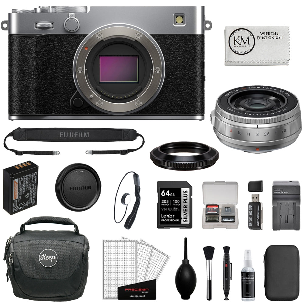 FUJIFILM X-E5 Mirrorless Camera with 23mm f/2.8 R WR Lens (Silver) Bundle with 64GB Memory Card + Battery Charger + Camera Bag + Card Reader + Memory Case + Lens Cap Keeper + Cleaning Kit (10 Items)