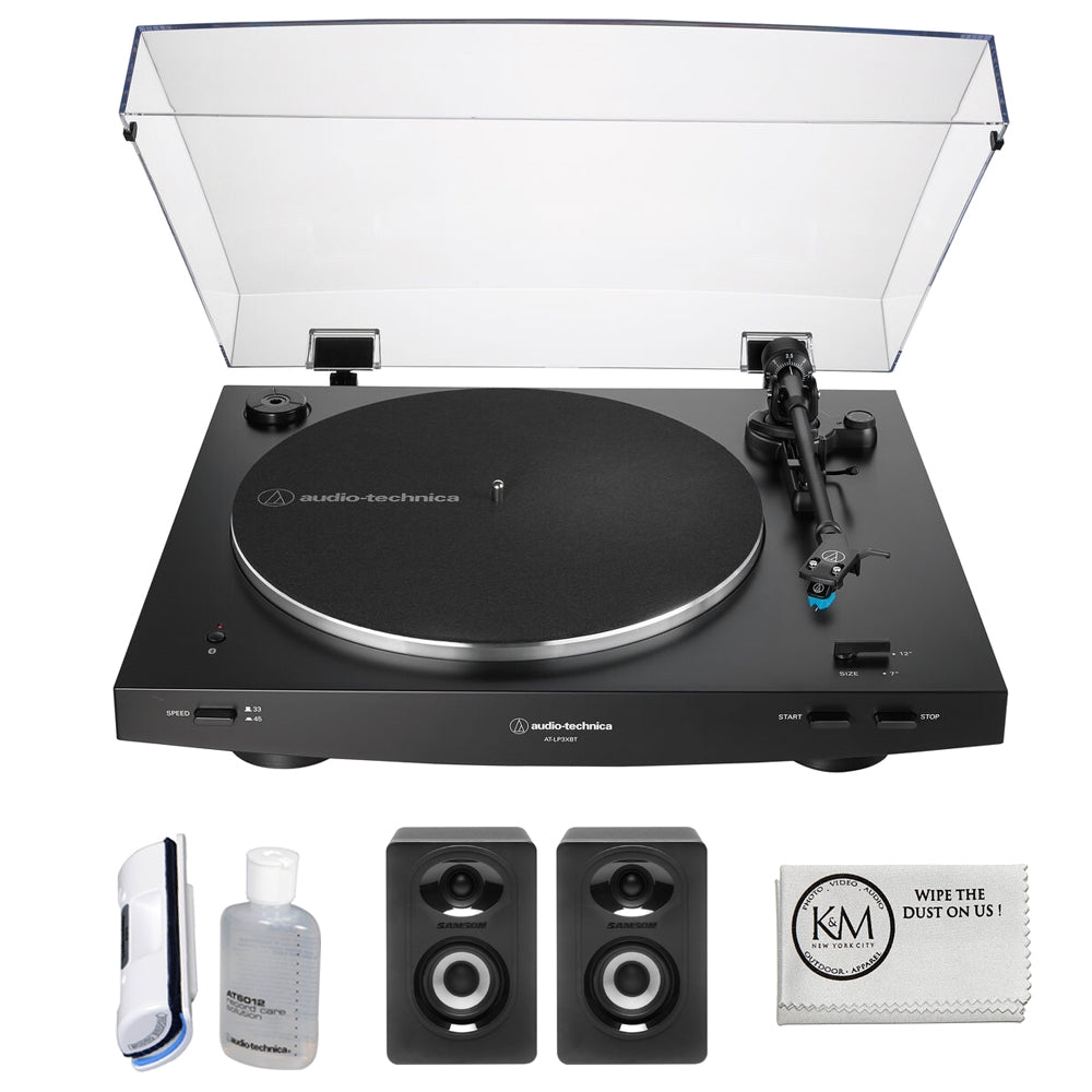 Audio-Technica Consumer AT-LP3XBT Fully Automatic Two-Speed Turntable with Bluetooth (Black) Bundle with Studio Monitors with Bluetooth & AT6012 Vinyl Record Cleaning Kit + Cloth (4 Items)