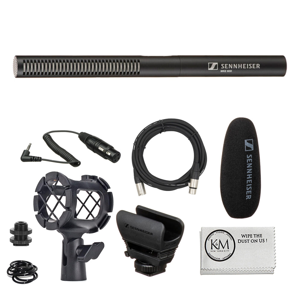 Sennheiser MKE 600 Shotgun Microphone Bundled with Universal Shockmount + 20-Feet XLR Microphone Cable + Microfiber Cleaning Cloth (4 Items)