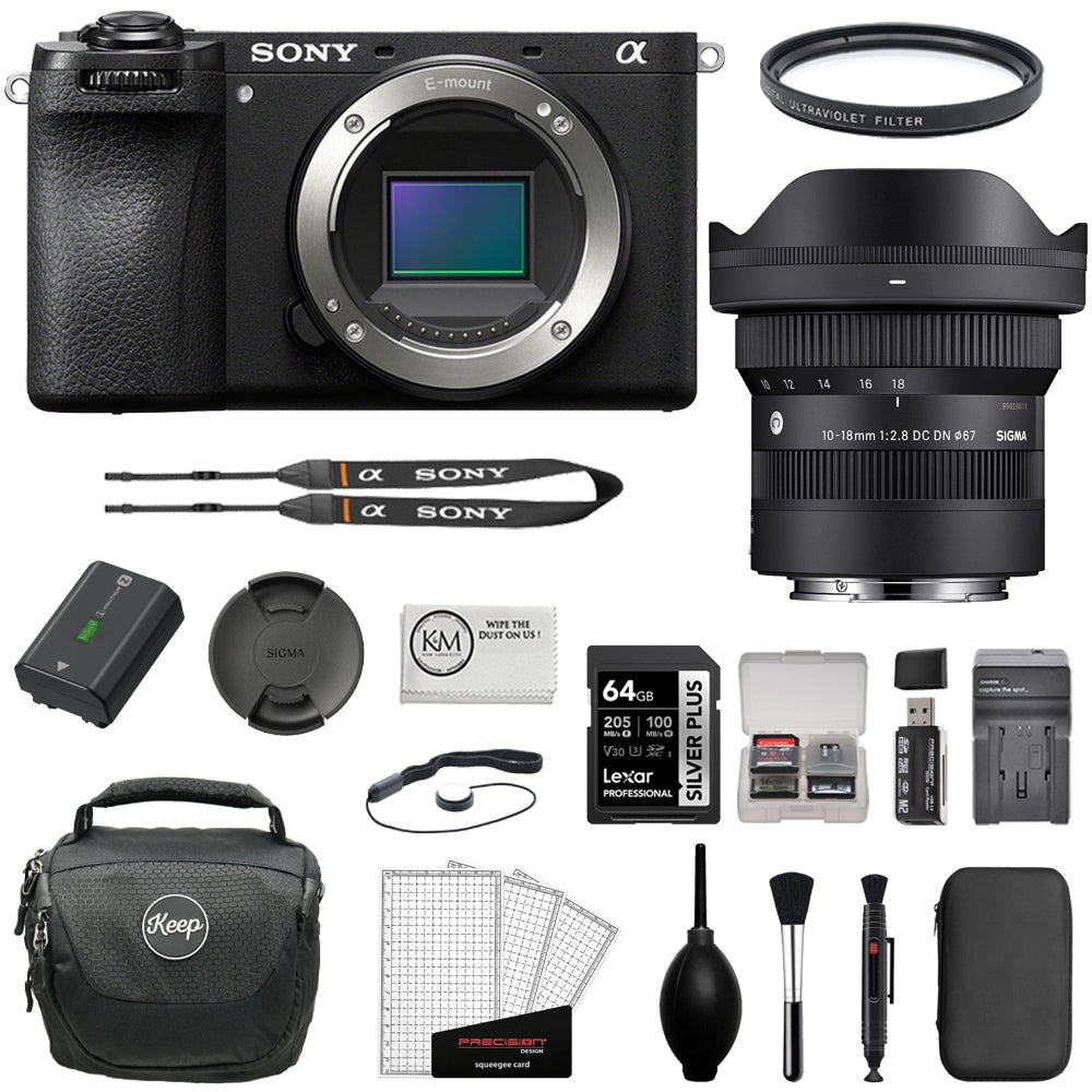 Sony Alpha a6100 Mirrorless Digital Camera (Body Only) Bundle with Sigma 10-18mm f/2.8 DC DN Contemporary Lens + 64GB Card + UV Filter + Cleaning Kit + Camera Shoulder Bag (12 Items)