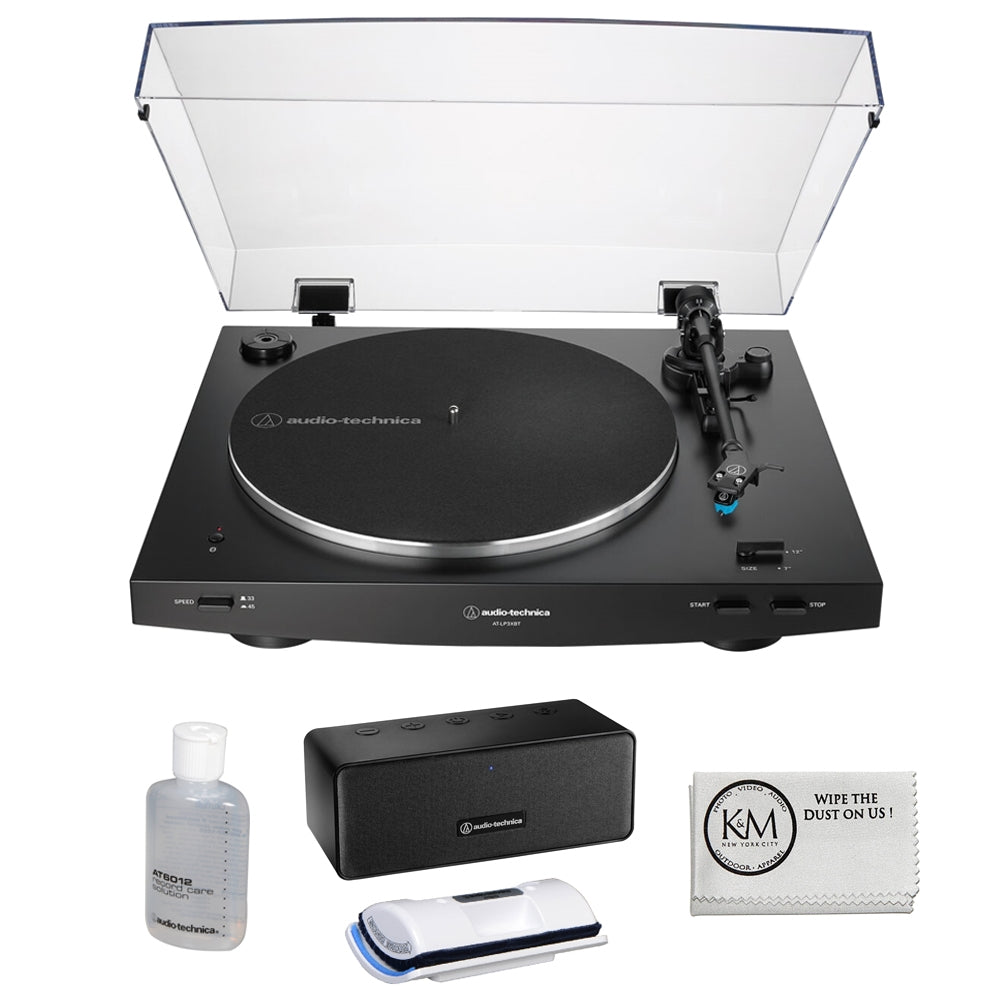 Audio-Technica Consumer AT-LP3XBT Fully Automatic Two-Speed Turntable with Bluetooth (Black) Bundle with AT-SP65XBT Portable Wireless Bluetooth Speaker & AT6012 Vinyl Record Cleaning Kit (4 Items)