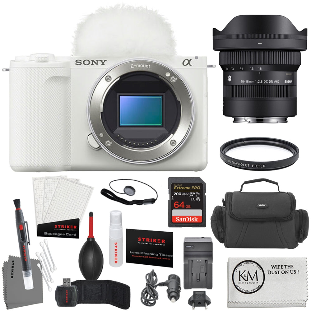 Sony ZV-E10 II Mirrorless Camera | White Bundle with Sigma 10-18mm f/2.8 DC DN Contemporary Lens + 64GB Card + Photo Starter Kit + Battery Charger + Camera Bag + UV Filter + Cleaning Cloth (8 Items)