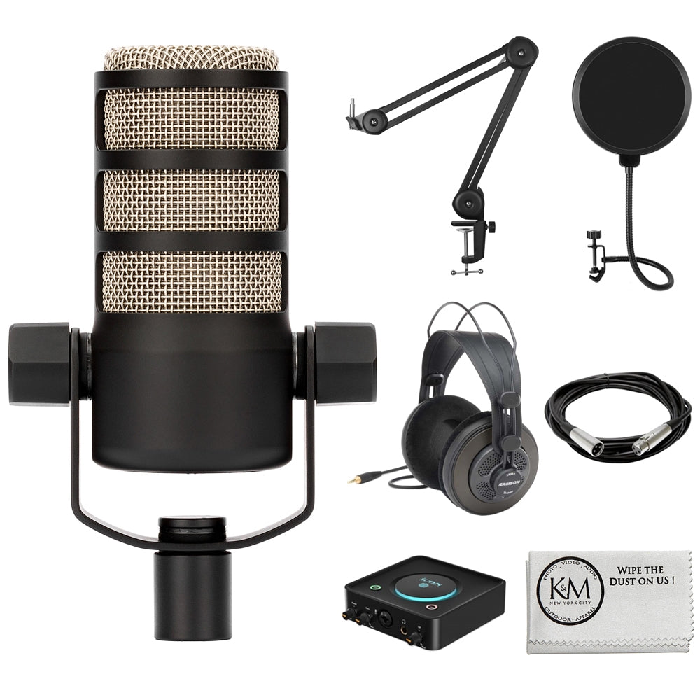 Rode PodMic Dynamic Podcasting Microphone Bundle with Studio Headphones + XLR Cable + Pop Filter + Icon Pro Audio USolo Recording Interface + Mic Arm + Cleaning Cloth (7 Items)