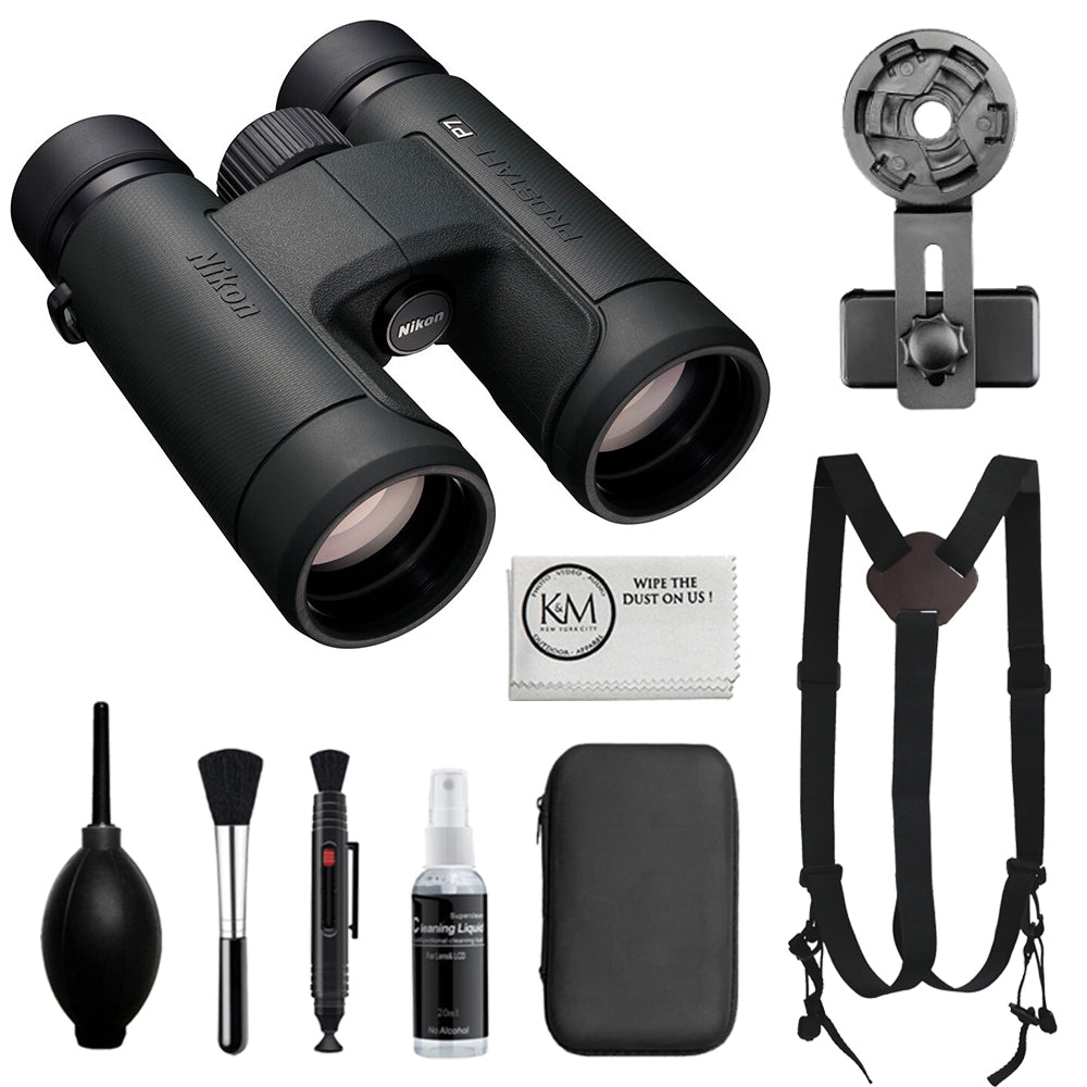 Nikon PROSTAFF P7 8x42 Binoculars Bundled with Harness Strap + Deluxe Cleaning Kit + Smartphone to Binocular adapter + Microfiber Cleaning Cloth (5 Items)