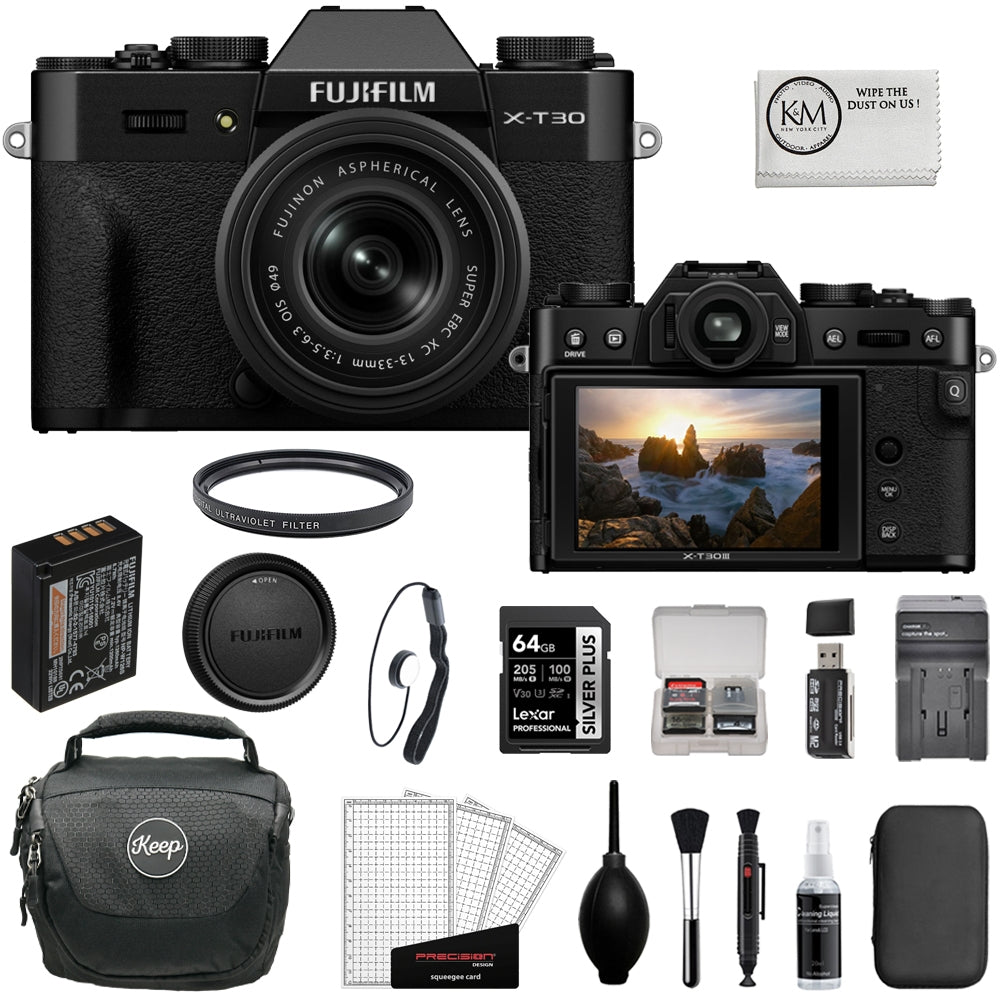 FUJIFILM X-T30 III Mirrorless Digital Camera with XC 13-33mm Lens (Black) Bundle with 64GB Memory Card + UV Filter + Battery Charger + Card Reader + Cap Keeper + Camera Bag + Cleaning Kit (11 Items)