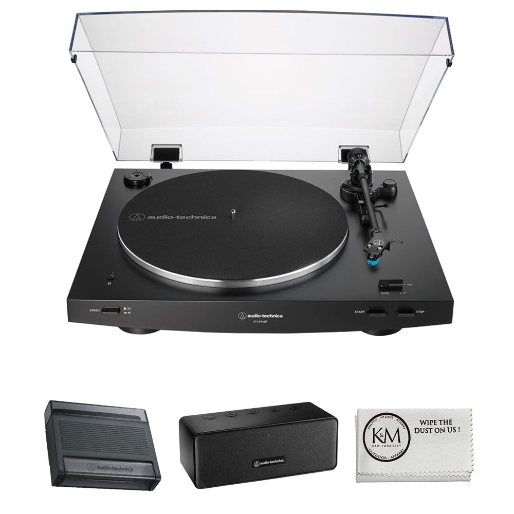 Audio-Technica Consumer AT-LP3XBT Fully Automatic Two-Speed Turntable with Bluetooth (Black) Bundle with AT-SP65XBT Portable Wireless Bluetooth Speaker & Cleaning Tool & Record Cover Stand (4 Items)