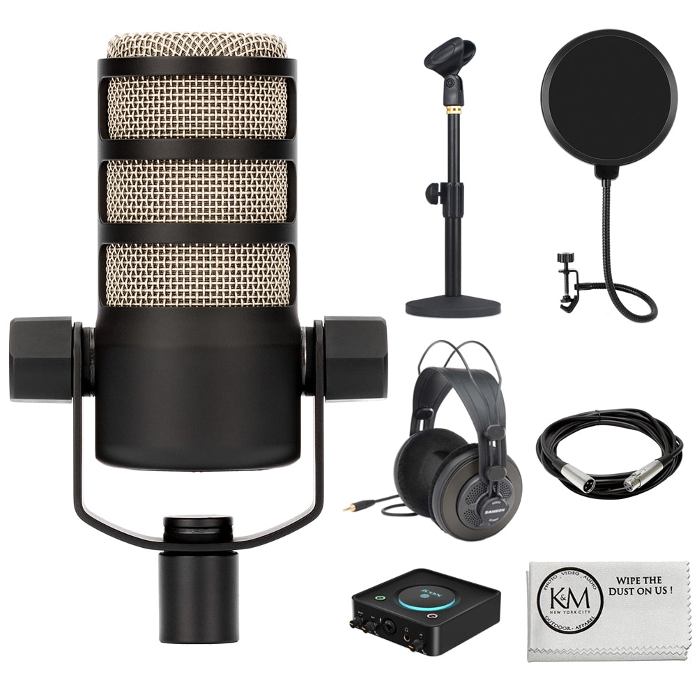Rode PodMic Dynamic Podcasting Microphone Bundle with Studio Headphones + XLR Cable + Pop Filter + Icon Pro Audio USolo Recording Interface + Mic Stand + Cleaning Cloth (7 Items)