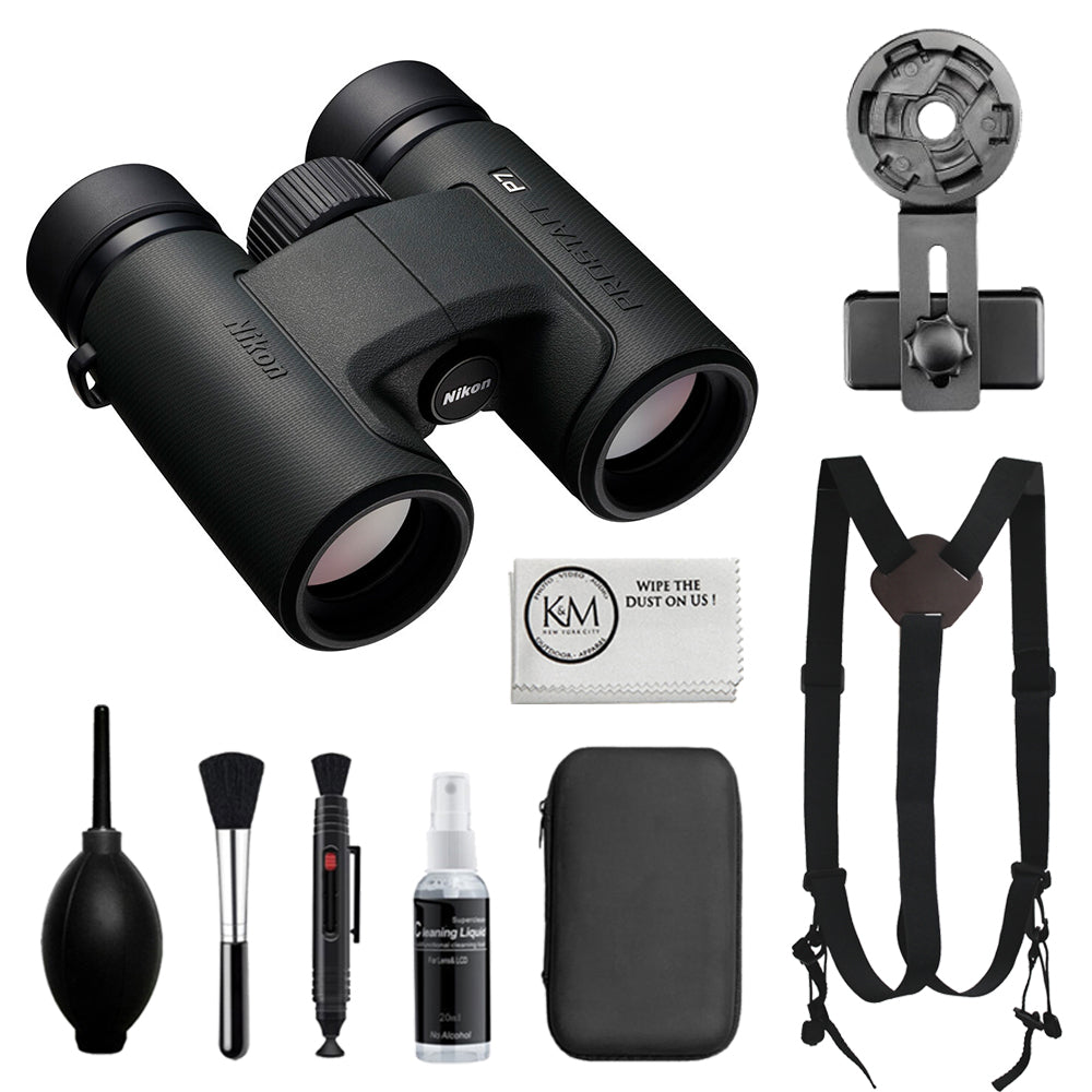 Nikon PROSTAFF P7 10x30 Binoculars Bundled with Harness Strap + Deluxe Cleaning Kit + Smartphone to Binocular adapter + Microfiber Cleaning Cloth (5 Items)
