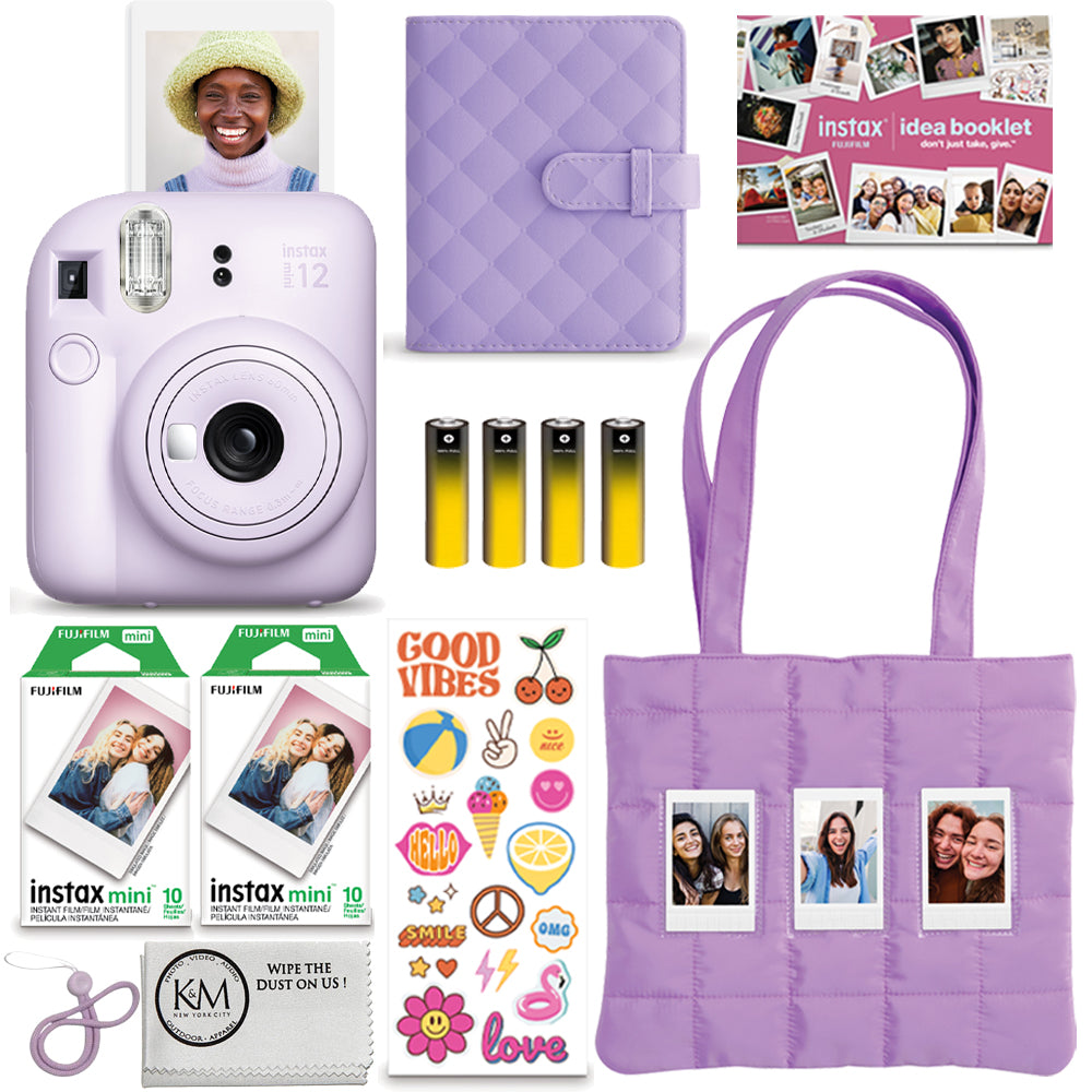 FUJIFILM INSTAX Mini 12 Bundle | Purple with Instax Mini Film + 4pk AA Batteries & Cleaning Cloth (10 Items)