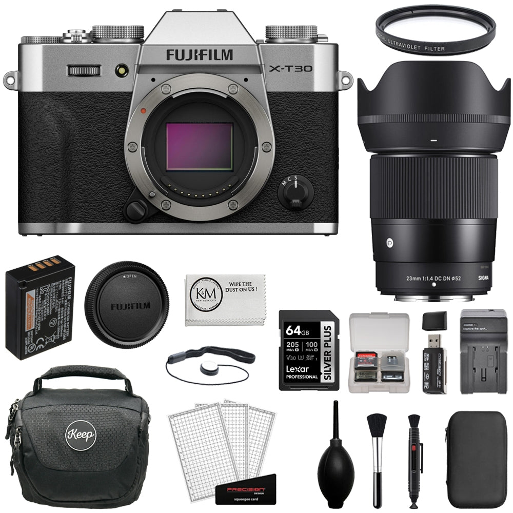 FUJIFILM X-T30 III Mirrorless Digital Camera Silver (Body Only) Bundle with Sigma 23mm f/1.4 DC DN Lens + 64GB Card + UV Filter + Card Reader + Charger + Cleaning Kit + Camera Bag + Cloth (12 Items)