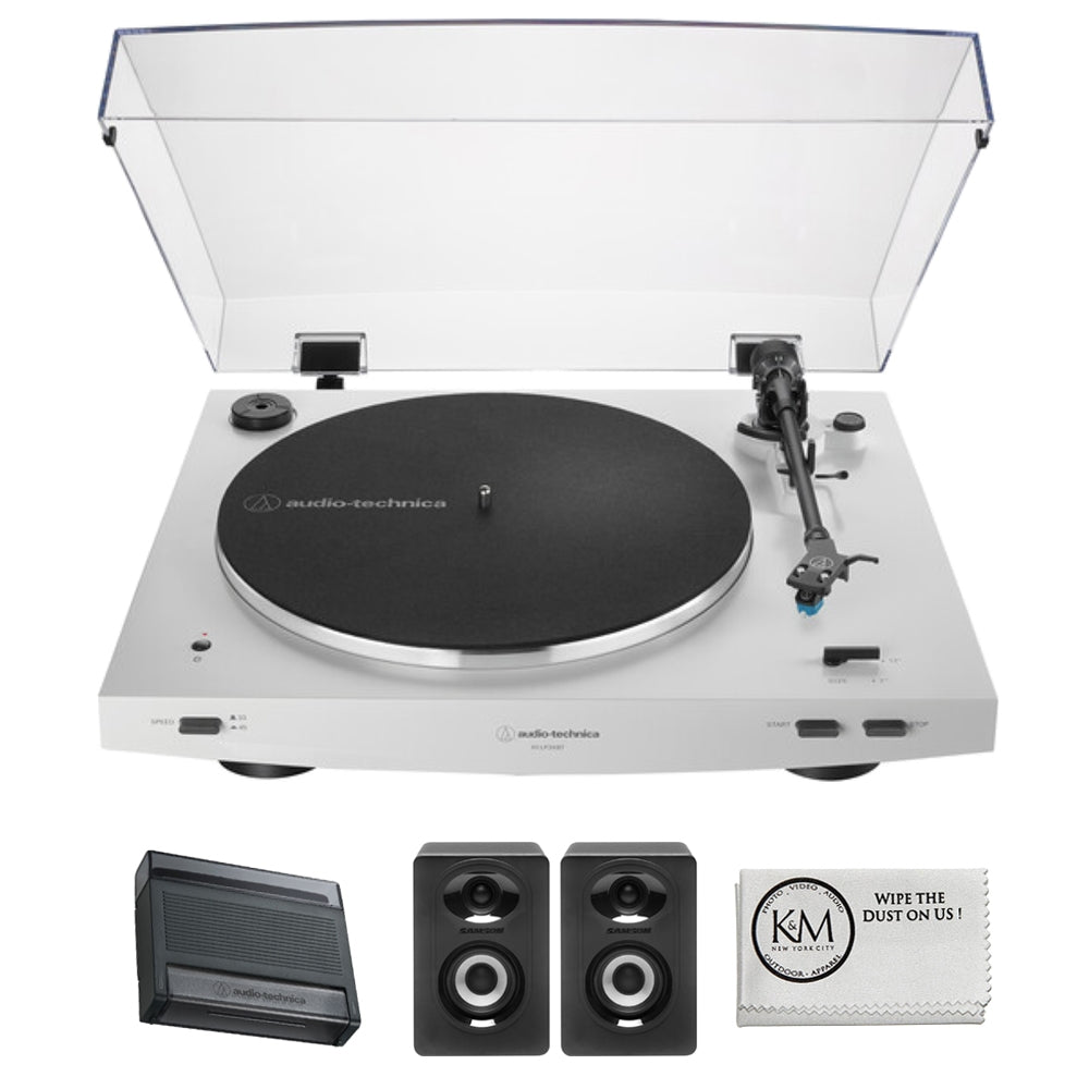 Audio-Technica Consumer AT-LP3XBT Fully Automatic Two-Speed Turntable with Bluetooth (White) Bundle with Studio Monitors with Bluetooth & Record Cleaning Tool & Record Cover Stand + Cloth (4 Items)