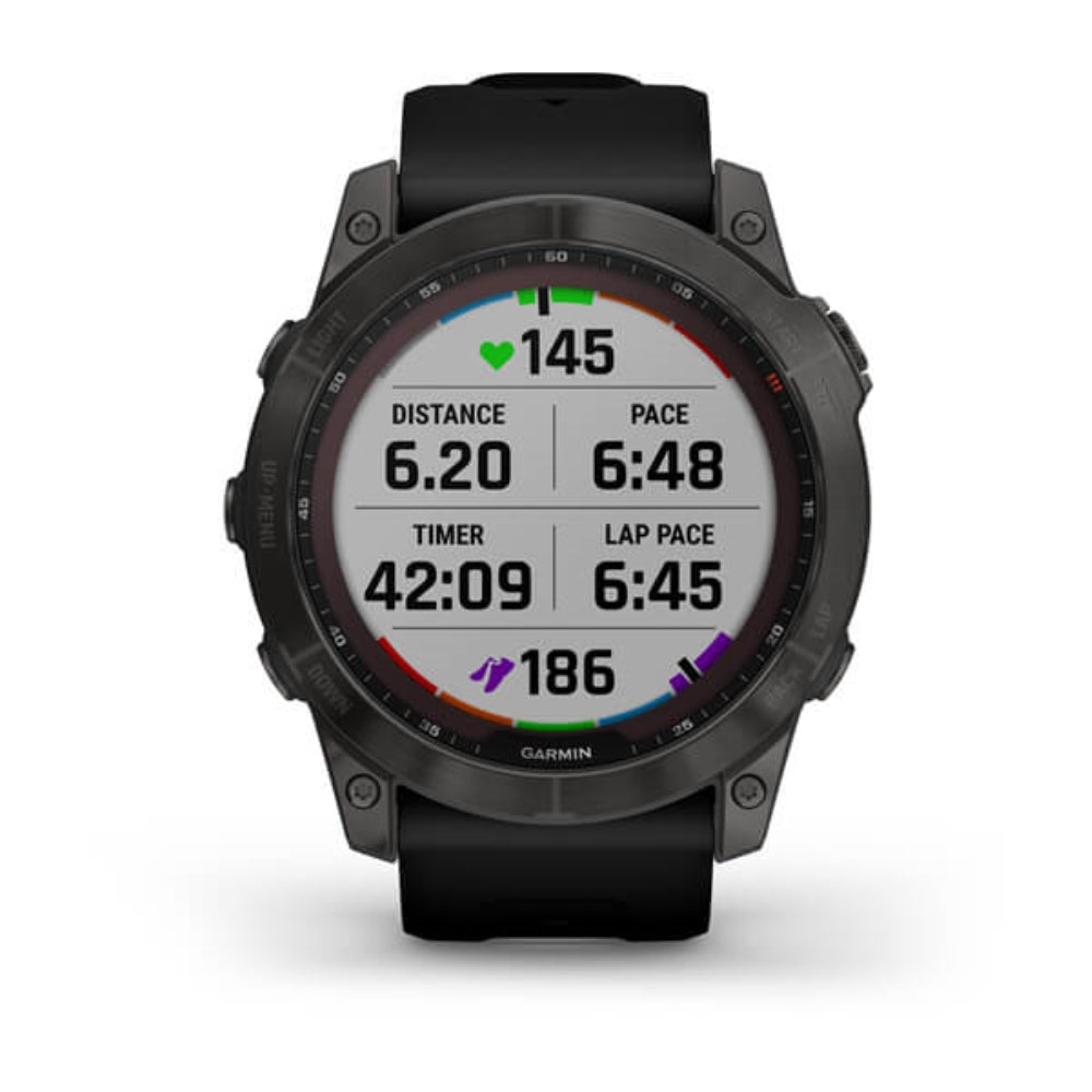Garmin fenix 7X Sapphire Solar GPS Watch | Carbon Gray DLC Titanium with Black Band