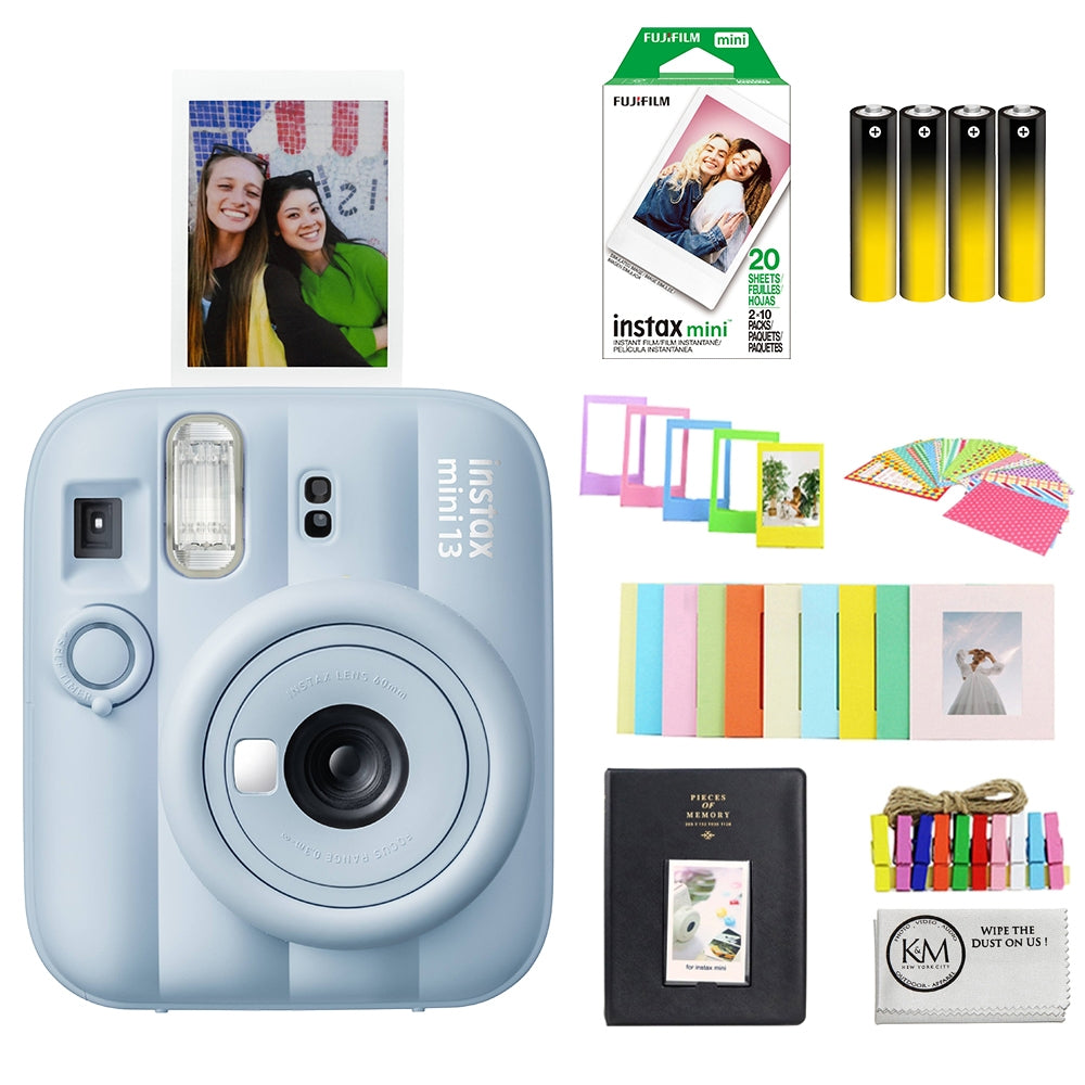FUJIFILM INSTAX MINI 13 Instant Film Camera | Frost Blue Bundle with Instax Mini Film | 20 Exposures + 4 Pack AA Batteries + Mini Album, Borders, Stickers & Clips + Cleaning Cloth (5 Items)