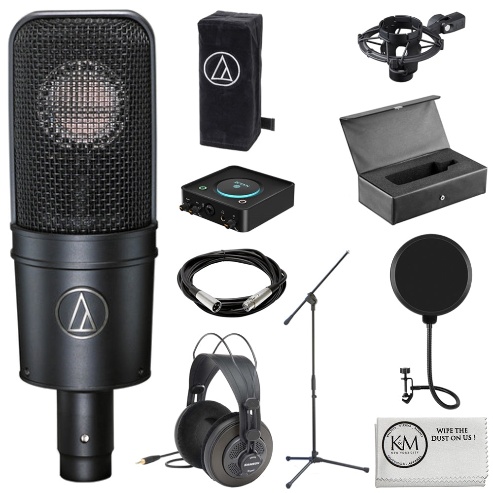 Audio-Technica AT4040 Studio Microphone Bundle with Studio Headphones + XLR Cable + Lightweight Mic Stand + Pop Filter + Icon Pro Audio USolo Recording + Cleaning Cloth (7 Items)