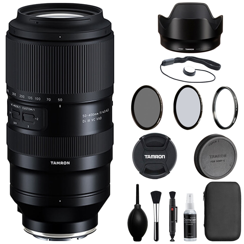 Tamron 50-400mm f/4.5-6.3 Di III VC VXD Lens Compatible with E Mount (Full Frame) Bundle with Tiffen Filter Set + Lens Cap Keeper + Cleaning Kit + Cleaning Cloth (5 Items)