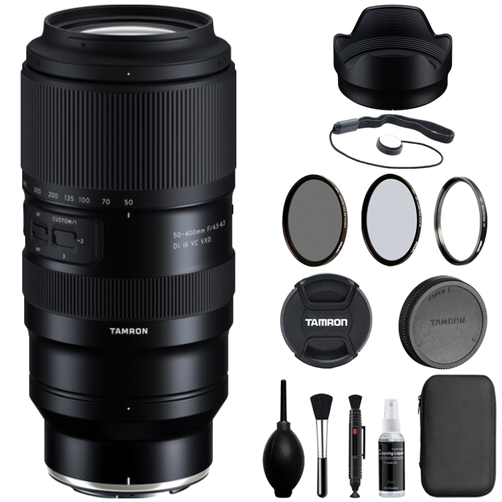 Tamron 50-400mm f/4.5-6.3 Di III VC VXD Lens Compatible with Z Mount (Full Frame) Bundle with Tiffen Filter Set + Lens Cap Keeper + Cleaning Kit + Cleaning Cloth (5 Items)