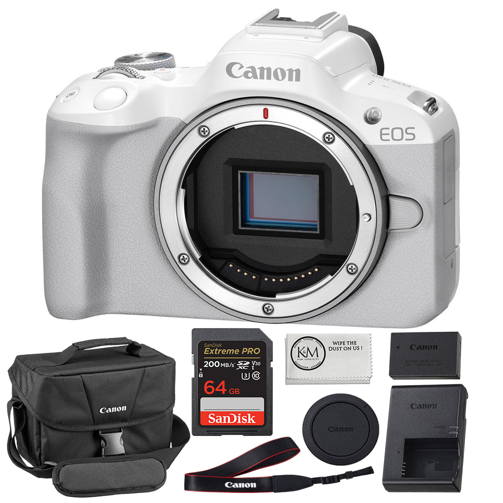 Canon EOS R50 Mirrorless Camera | White Bundled with 64GB Memory Card + Canon 200ES Camera Bag + Microfiber Cleaning Cloth (4 Items)