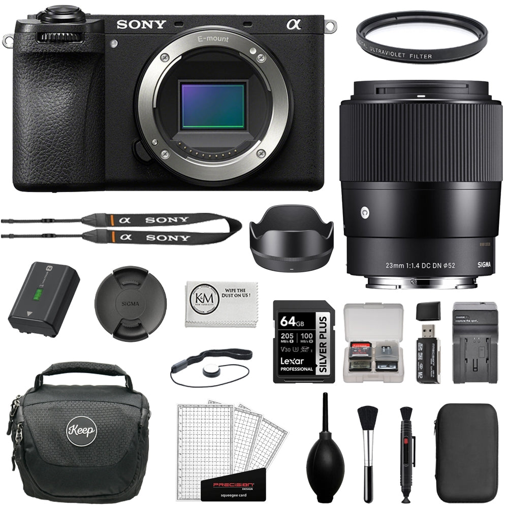 Sony Alpha a6100 Mirrorless Digital Camera (Body Only) Bundle with Sigma 23mm f/1.4 DC DN Contemporary Lens + 64GB Card + UV Filter + Cleaning Kit + Camera Shoulder Bag (12 Items)