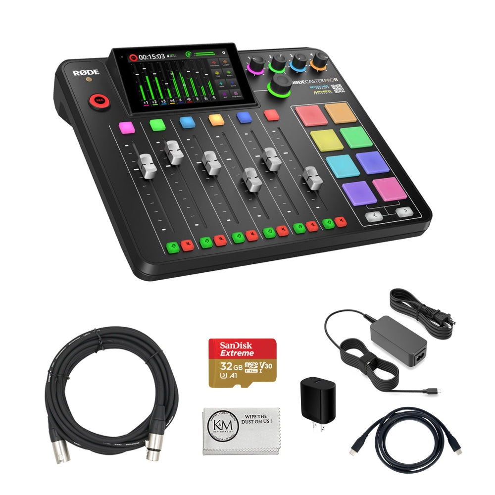Rode RODECaster Pro II Integrated Audio Production Studio Bundled with 32GB Micro-SD + 20ft XLR Microphone Cable + Microfiber Cleaning Cloth (4 Items) **OPEN BOX**