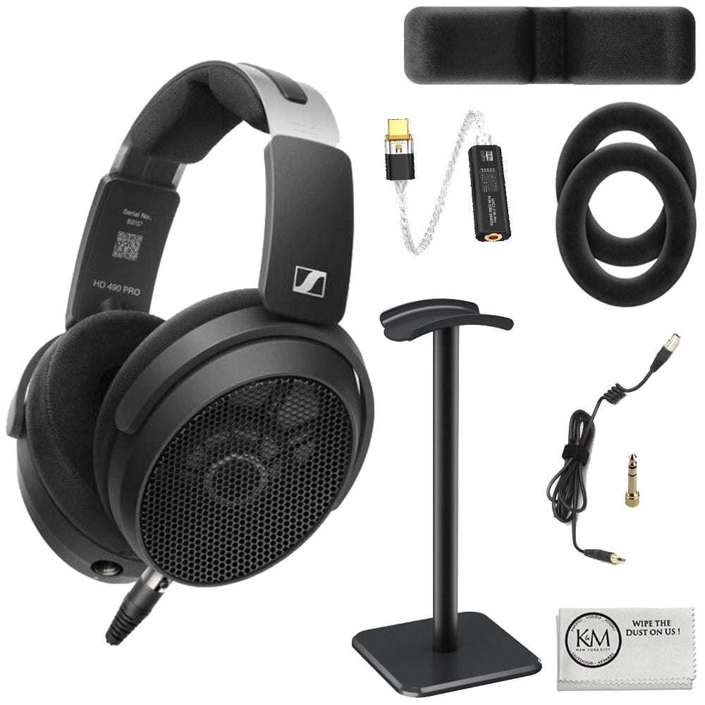 Sennheiser HD-490 PRO Plus Professional Reference Open-Back Studio Headphones Bundle with USB-C Headphone Adapter w/ Built-In DAC + Headphones Stand + Cleaning Cloth (4 Items)