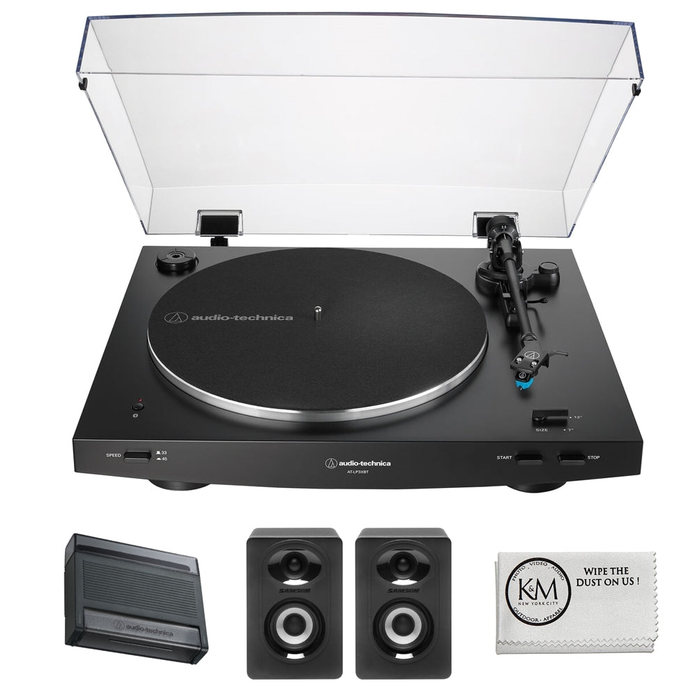 Audio-Technica Consumer AT-LP3XBT Fully Automatic Two-Speed Turntable with Bluetooth (Black) Bundle with Studio Monitors with Bluetooth & Record Cleaning Tool & Record Cover Stand + Cloth (4 Items)