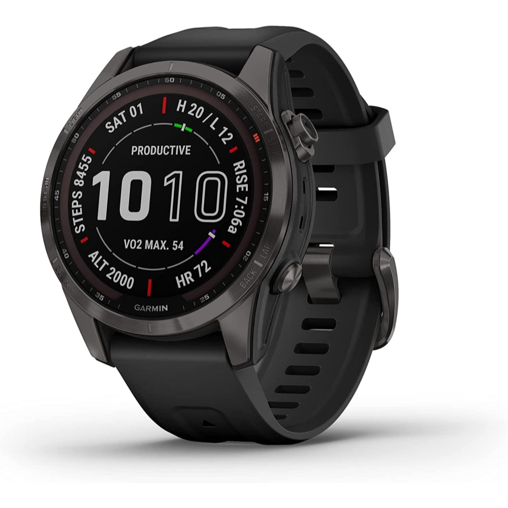 Garmin fenix 7S Sapphire Solar GPS Watch | Carbon Gray DLC Titanium with Black Band