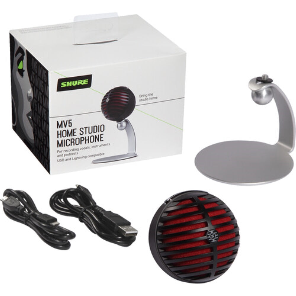 Shure MOTIV MV5 Cardioid USB/Lightning Microphone for Computers and iOS Devices | New Packaging, Black/Red Foam