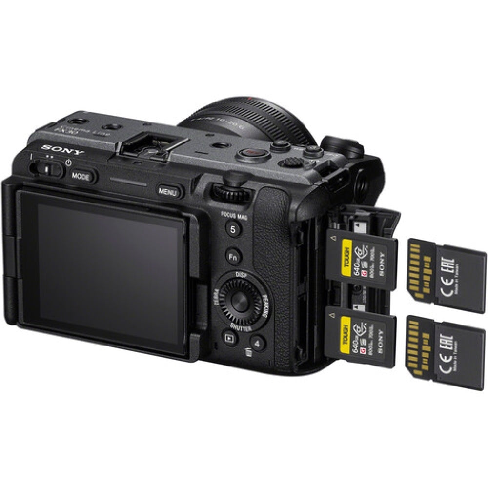Sony FX30 Digital Cinema Camera Bundle with Sony E 10-20mm f/4 PZ G Lens + 128GB Memory Card + Battery Charger + Camera Bag + Cleaning Kit + Cleaning Cloth (11 Items)