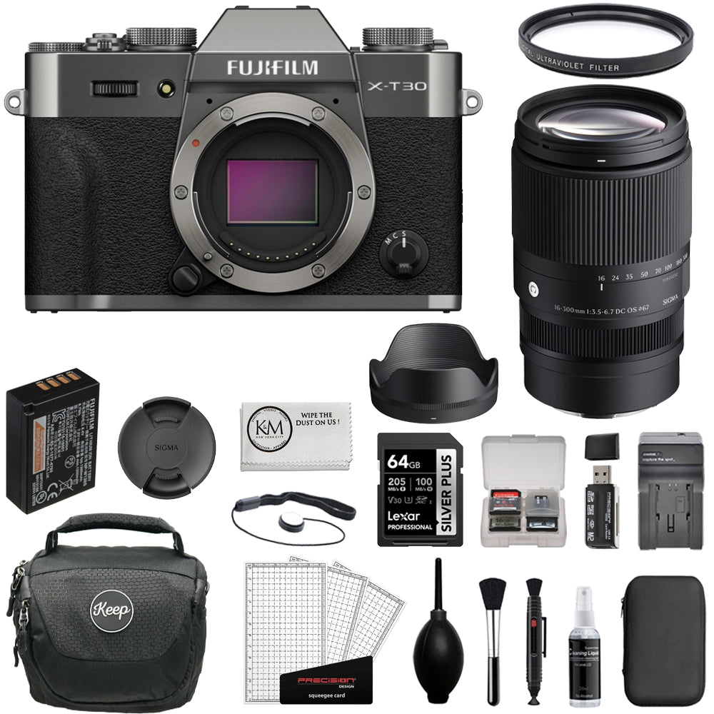FUJIFILM X-T30 III Mirrorless Camera (Charcoal) Bundle with Sigma 16-300mm f/3.5-6.7 DC OS Contemporary Lens + 64GB Card + Camera Bag + Battery Charger + Card Reader + Cleaning Kit (12 Items)