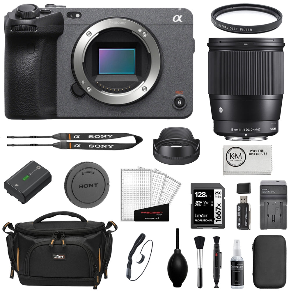 Sony FX30 Digital Cinema Camera Bundle with Sigma 16mm f/1.4 DC DN Contemporary Lens + 128GB Memory Card + Battery Charger + Camera Bag + Cleaning Kit + Cleaning Cloth (11 Items)