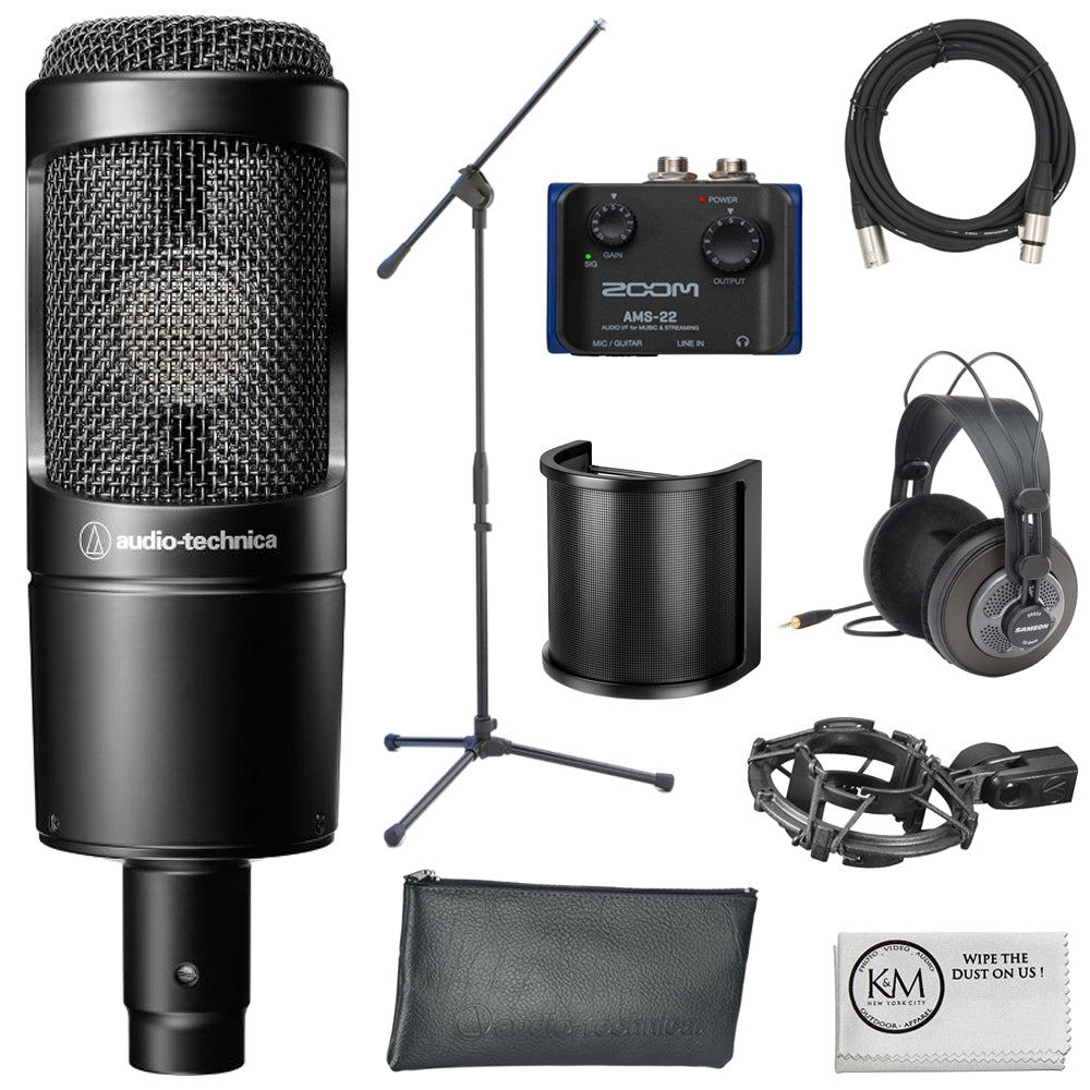 Audio-Technica AT2035 Cardioid Condenser Microphone Bundle with Audio Interface + Studio Headphones + Microphone Stand + Pop Filter + XLR Cable + Cleaning Cloth (7 Items)