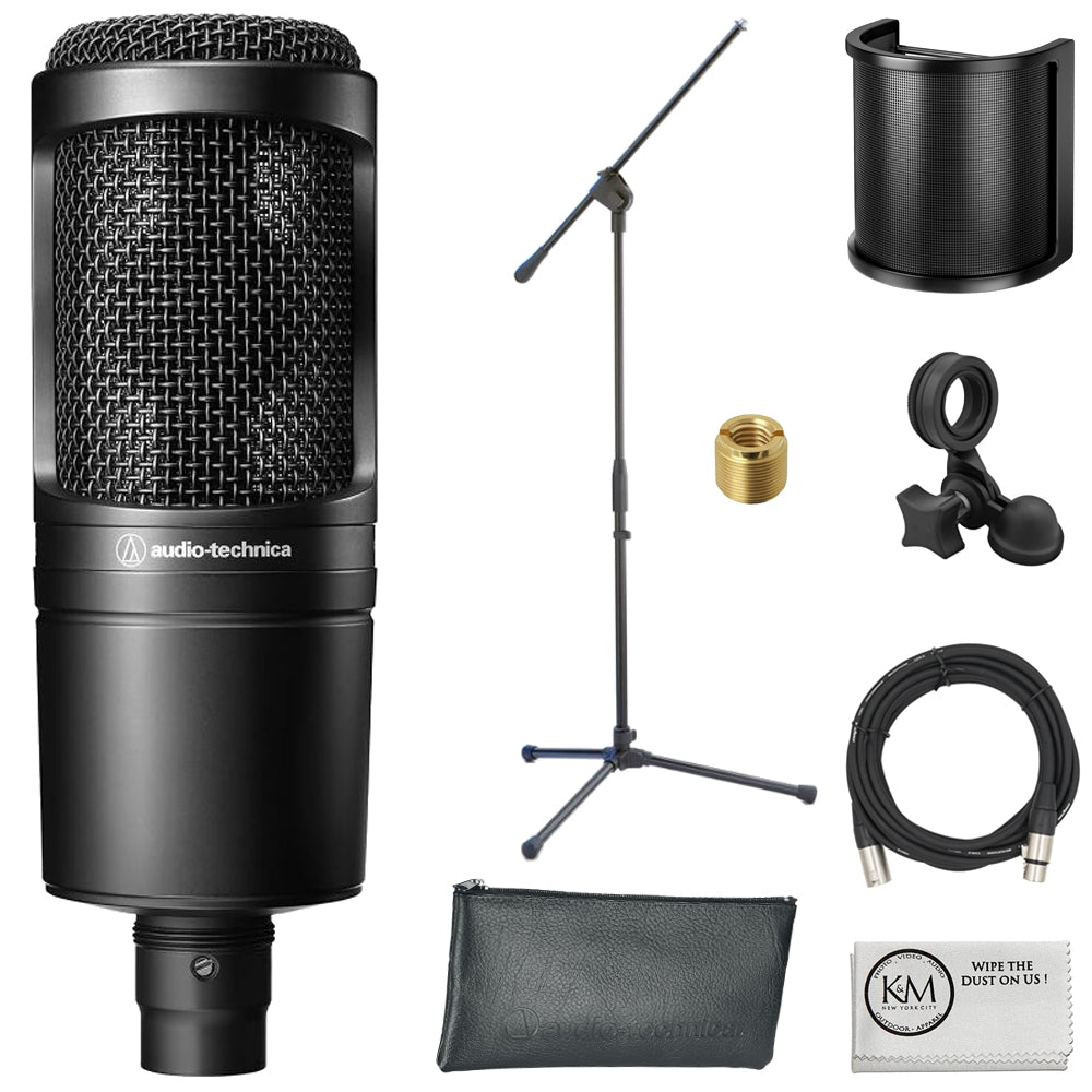 Audio-Technica AT2020 Cardioid Condenser Microphone Bundle with Mic Stand + U-Shaped Shield Pop Filter + XLR Cable + Cleaning Cloth (5 Items)