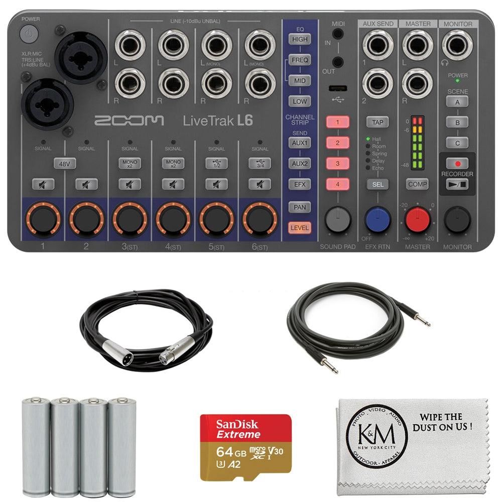 Zoom LiveTrak L-6 Portable 6-Channel Digital Mixer and Multitrack Recorder Bundle with 20ft XLR Cable + 18ft Instrument Cable + 4 Pack AA Batteries + 64GB Micro-SD Card + Cleaning Cloth (6 Item)