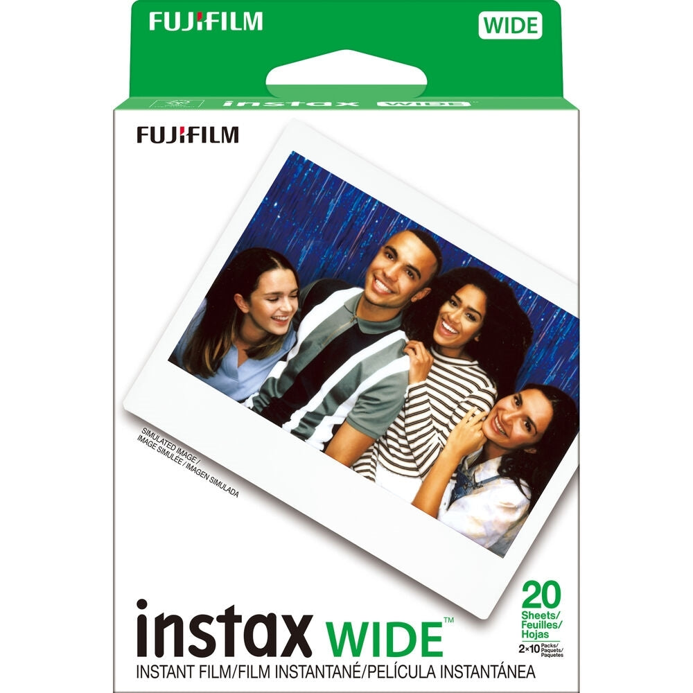 FUJIFILM INSTAX WIDE EVO Hybrid Instant Camera | Black Bundle with 10 Exposures of WIDE Brushed Metallics Film + 20 Exposures of WIDE Film + Wide Album & Colored Frames + Cleaning Cloth (5 Items)
