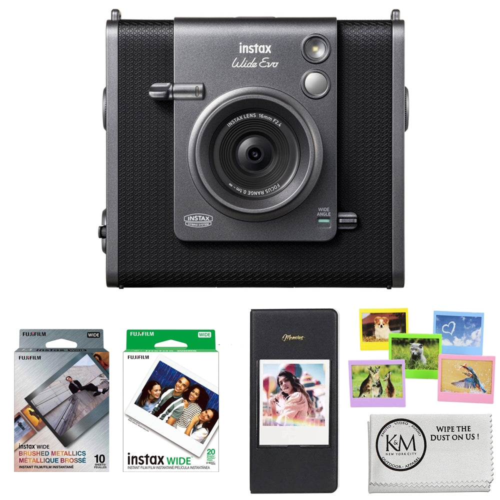 FUJIFILM INSTAX WIDE EVO Hybrid Instant Camera | Black Bundle with 10 Exposures of WIDE Brushed Metallics Film + 20 Exposures of WIDE Film + Wide Album & Colored Frames + Cleaning Cloth (5 Items)
