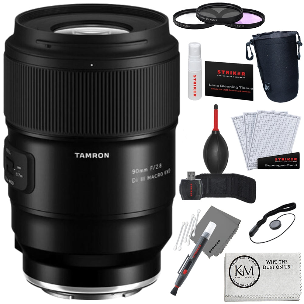 Tamron 90mm f/2.8 Di III VXD Macro Lens | Sony E Bundle with 3-Piece Filter Set + Photo Starter Kit + Lens Pouch + Cleaning Cloth (5 Item)