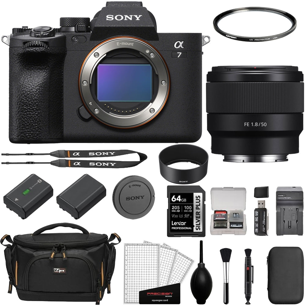 Sony Alpha a7 IV Mirrorless Digital Camera (Body Only) Bundled with Sony FE 50mm f/1.8 Lens + 64GB Card + UV Filter + Extra Battery + Cleaning Kit + Camera Bag