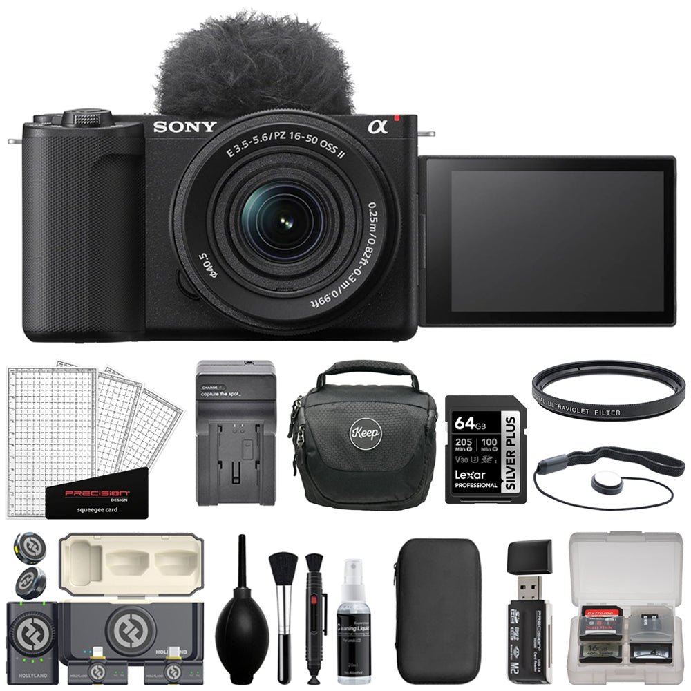 Sony ZV-E10 II Mirrorless Camera with 16-50mm Lens | Black Bundle with 64GB Card + Hollyland LARK M2 DUO 2-Person Wireless Mic System + Card Reader + Charger + Camera Bag + Cleaning Kit (12 Items)
