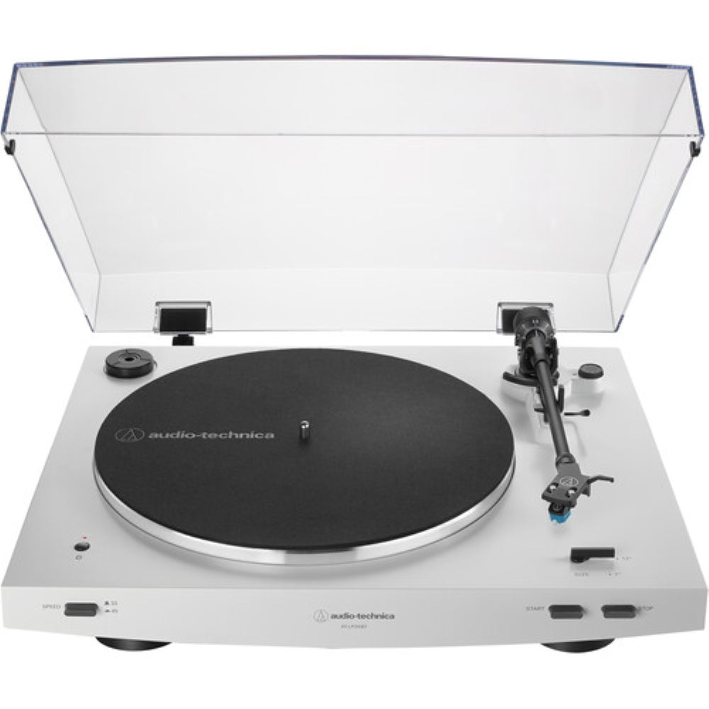 Audio-Technica Consumer AT-LP3XBT Fully Automatic Two-Speed Turntable with Bluetooth (White) Bundle with AT-SP65XBT Portable Wireless Bluetooth Speaker & Cleaning Tool & Record Cover Stand (4 Items)