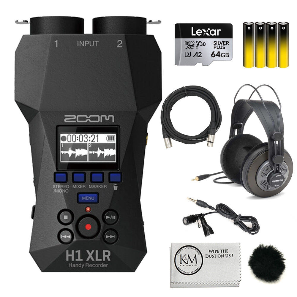 Zoom H1 XLR Portable Audio Recorder for Video Bundled with 64GB Micro SD Card + XLR Cable + Headphones + Lavalier Mic + Furry Lavalier Windscreen + 4 AA Batteries + Microfiber Cloth (8 Items)