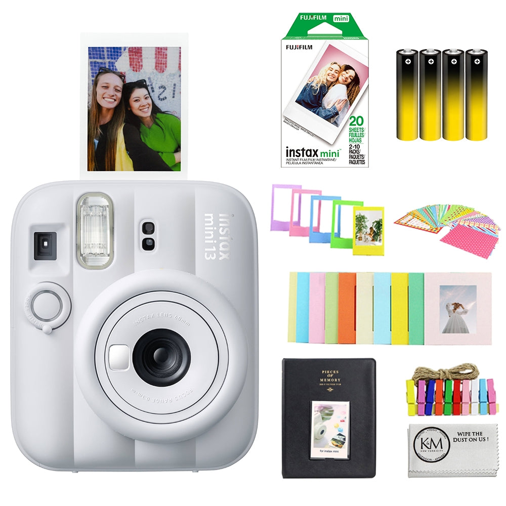 FUJIFILM INSTAX MINI 13 Instant Film Camera | Clay White Bundle with Instax Mini Film | 20 Exposures + 4 Pack AA Batteries + Mini Album, Borders, Stickers & Clips + Cleaning Cloth (5 Items)