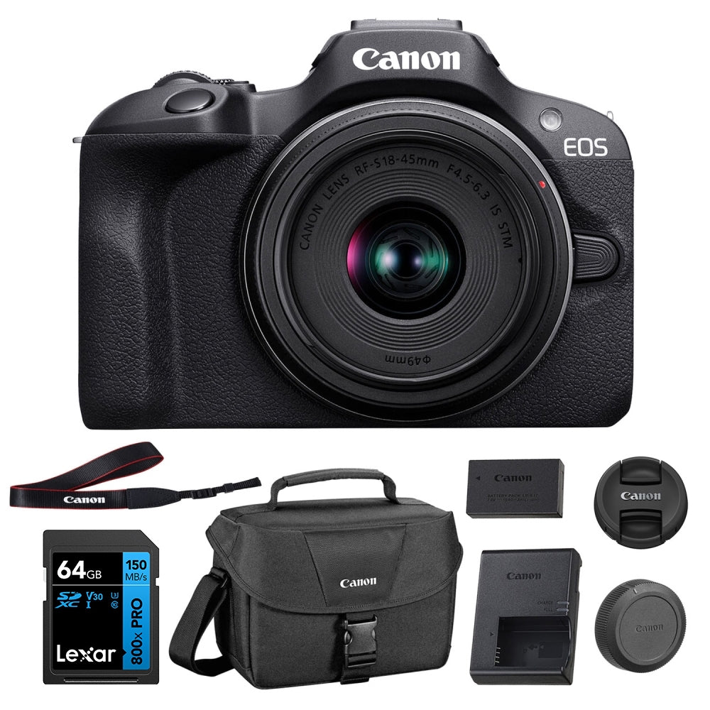 Canon EOS R100 Mirrorless Camera with 18-45mm Lens Bundled with 64GB Memory Card & Camera Bag (3 Items)