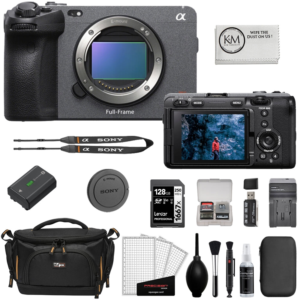 Sony FX3 Full-Frame Cinema Camera Bundle with 128GB Memory Card + Memory Card Reader + Memory Case + Sony Battery + Battery Charger + Camera Bag + Cleaning Kit (10 Items)
