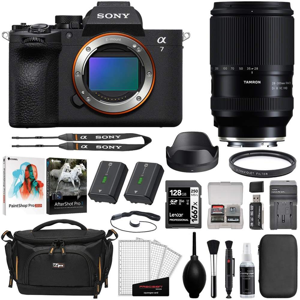 Sony a7 V Mirrorless Camera Bundle with Tamron 28-300mm f/4-7.1 Di III VC VXD Lens + Photo Software + 128GB Card + Extra Sony Battery + Card Reader + Cleaning Kit + Camera Bag + Cloth (14 Items)