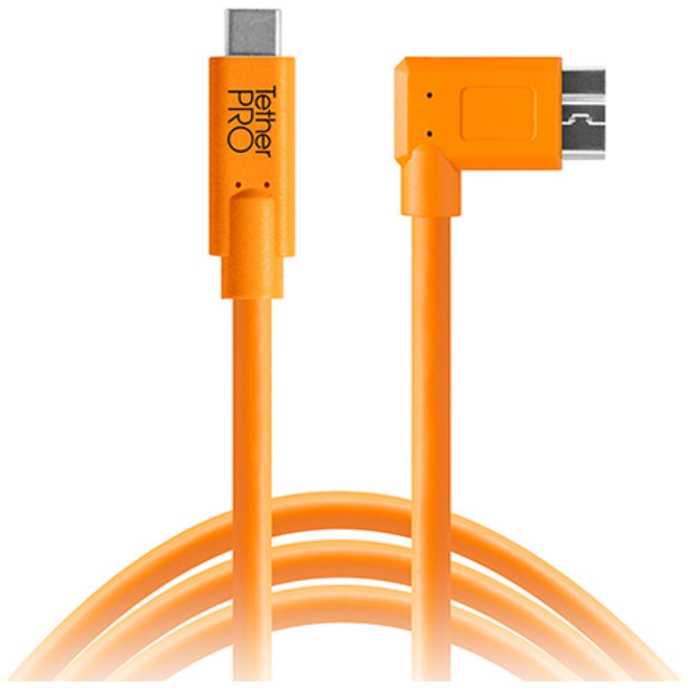 Tether Tools TetherPro USB Type-C Male to Micro-USB 3.0 Type B Male Cable | 15', Orange, Right-Angle