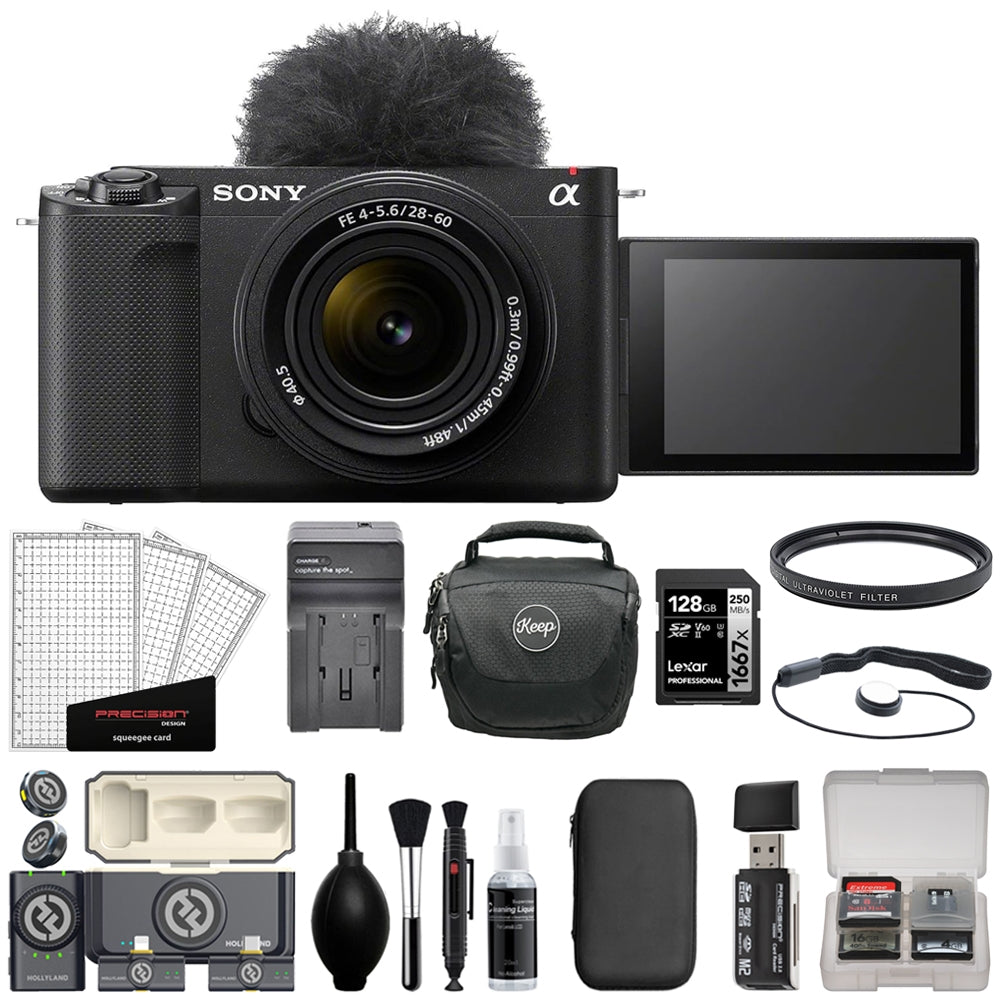 Sony ZV-E1 Mirrorless Camera with 28-60mm Lens | Black Bundle with 128GB Memory Card + Hollyland LARK M2 DUO 2-Person Wireless Mic System + Card Reader + Charger + Camera Bag + Cleaning Kit (12 Items)